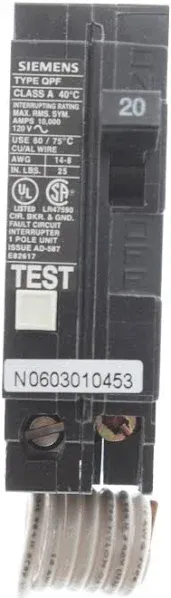 New Circuit Breaker Siemens QF120 20 Amp 1 Pole 120V GFCI