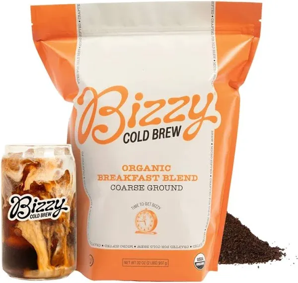 Bizzy Organic Cold Brew Coffee | Breakfast Blend | Coarse Ground Coffee | Medium-Light Roast | Micro Sifted | Specialty Grade | 100% Arabica | 2 LB