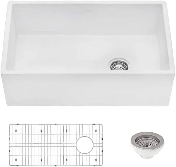 Ruvati RVL2018R Fiamma 30&#034; Fireclay Farmhouse Offset Drain - White