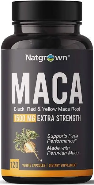 Natgrown Organic Maca Root Powder Capsules 1500 mg with Black + Red + Yellow Per