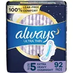 Always Ultra Thin Feminine Pads for Women, Size 5, Extra Heavy, Overnight Absorbency with Wings, 46 Count x 2 Packs (92 Count Total)