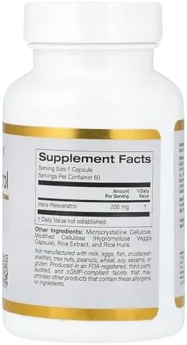 California Gold Nutrition Trans-Resveratrol 200 mg Italian Sourced 60 Veggie Capsules