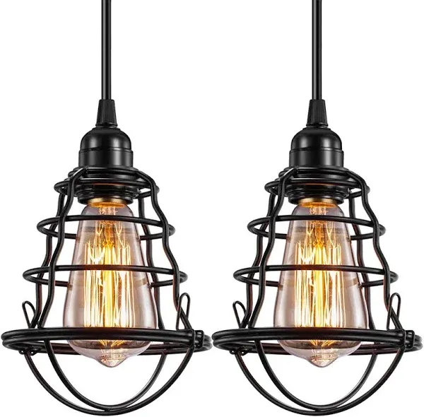 Industrial Pendant Light INNOCCY Edison Hanging Cage Pendant Lights E26 E27 Base Vintage Adjustable Pendant Lamp Fixture for Kitchen Home Lighting 2 Pack