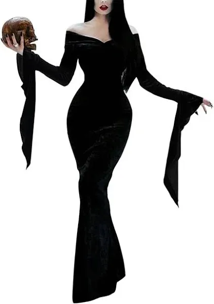 Women Halloween Addams Costume Adult Cosplay Off Shoulder Maxi Long Sleeve Dress