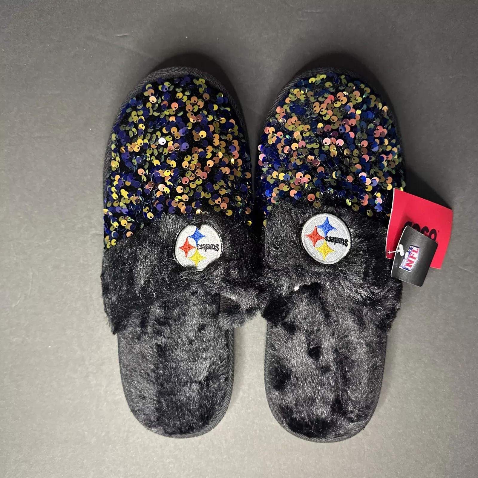 FOCO NFL  Pittsburgh Steelers Black Sequins Women&#039;s Slippers Size XL 11-12 New