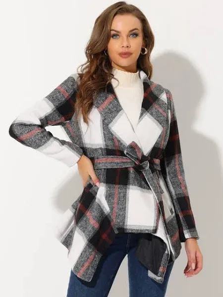 Allegra K Women's Turn Down Collar Asymmetric Hem Thin Plaids Wrap Coat