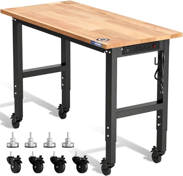 WORKPRO Garage Workbench, 48"X22" Adjustable Workbench with Wheels, Rubber Wood Top Heavy-Duty Workstation with Power Outlets, 1000 LBS Stationary Load Capacity, for Workshop, Garage, Office, Home