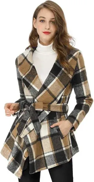 Allegra K Women's Turn Down Collar Asymmetric Hem Thin Plaids Wrap Coat