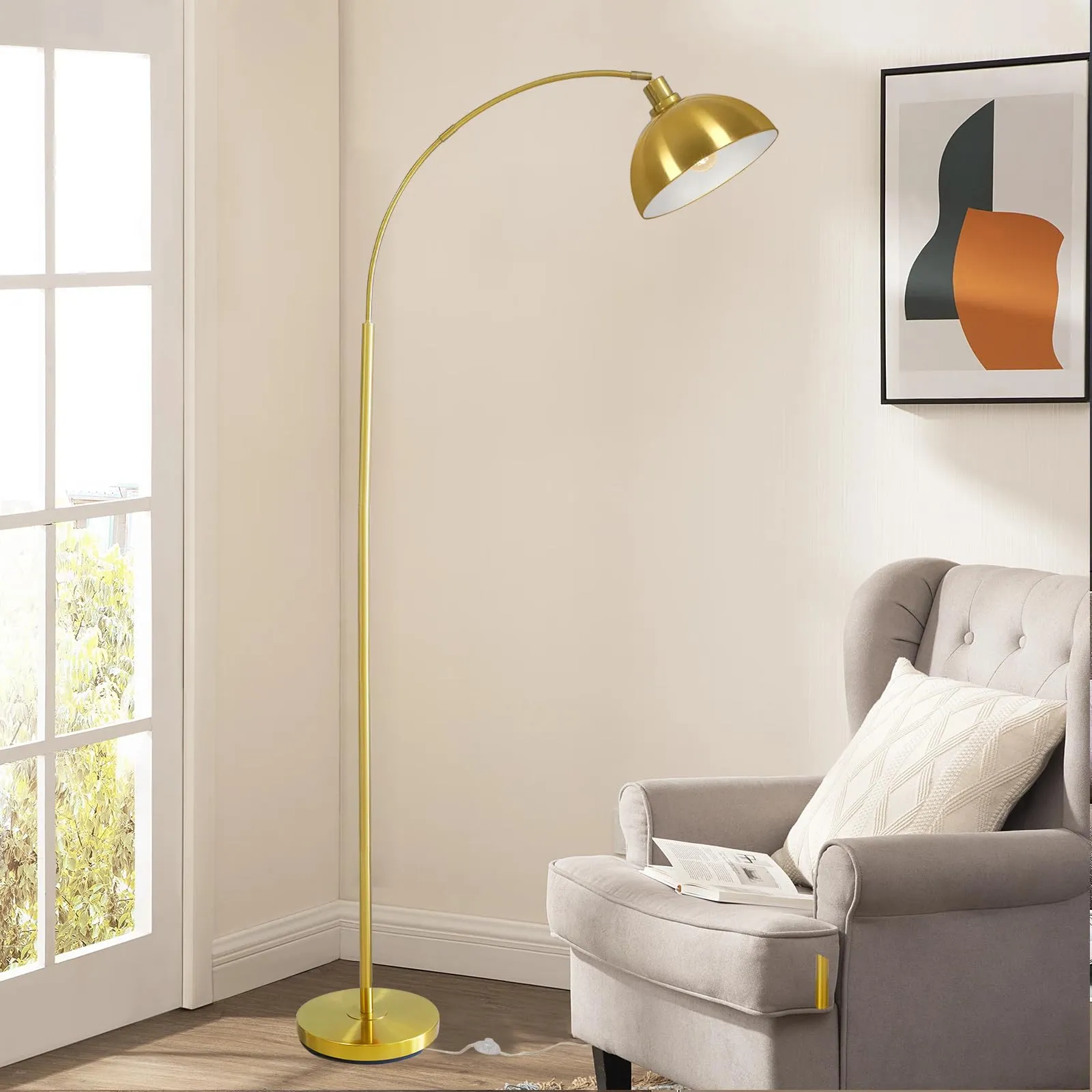 Arc Floor Lamps for Living Room,Modern Tall Standing Lamp Gold Floor Lamp with Adjustable Hanging Dome Shade,Over Couch Mid Century Arched Reading Lamp for Bedroom,Office