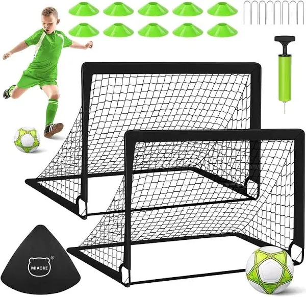 MIAOKE Soccer Goal for Backyard, 2 Soccer Goal of 4X3 FT Portable Soccer Goal Training Equipment with Soccer Ball, 10 Soccer Cones, Carry Bag, Practice Soccer Net for Youth Games, Sports - Black