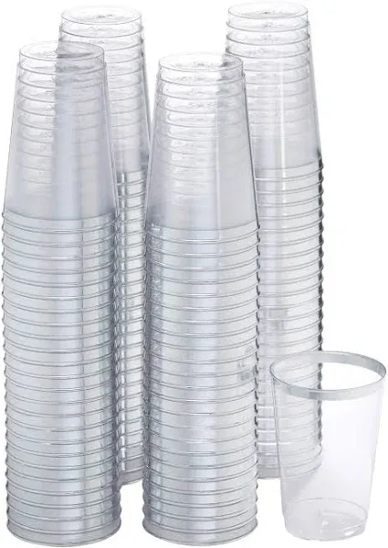 12oz Hard Plastic Party Cups – Perfect for Home, Office, Bars, Weddings, Showers, Birthdays, Anniversaries, and Parties! Durable & Stylish Old Fashioned Tumblers (Silver Rim, 100 Pack)