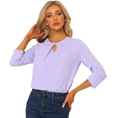 Allegra K Women's Office Keyhole Pleated 3/4 Sleeve Chiffon Blouse