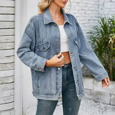 Women’s Oversized Mid Long Denim Jacket Jean Biker Coat