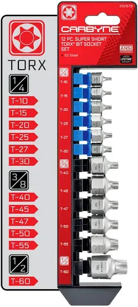 Carbyne Super Short Torx Bit Socket Set - 12 Piece , T-10 to T-60 | S2 Steel 3101579