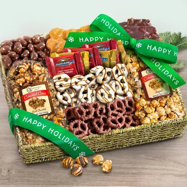 A Gift Inside Happy Holidays Chocolate Caramel Crunch Grand Gift Basket