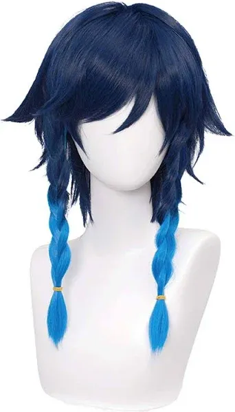 Navy Blue Ombre Venti Cosplay With Wig Braids Ponytails Bangs, Cap, 2 Tone Braided Hair Wigs For Party Halloween