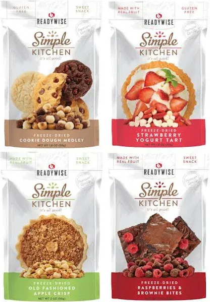 READYWISE - Simple Kitchen, Sweet Treats Variety Pack, 8 Servings, Pack of 4, Fruit Snacks, Healthy, Organic, Chips, Gluten Free Options, Camping, Hiking Snacks, Backpacking Food, Resealable Pouch