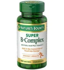 Nature&#039;s Bounty, Super B-Complex with Folic Acid, Plus Vitamin C, Energy Health.