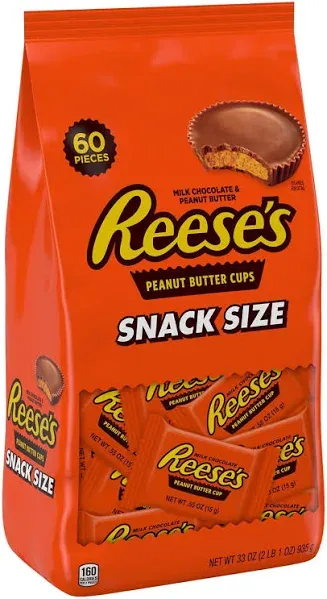 Milk Chocolate Snack Size Peanut Butter Cups Candy, Bag 33 oz, 60 Pieces