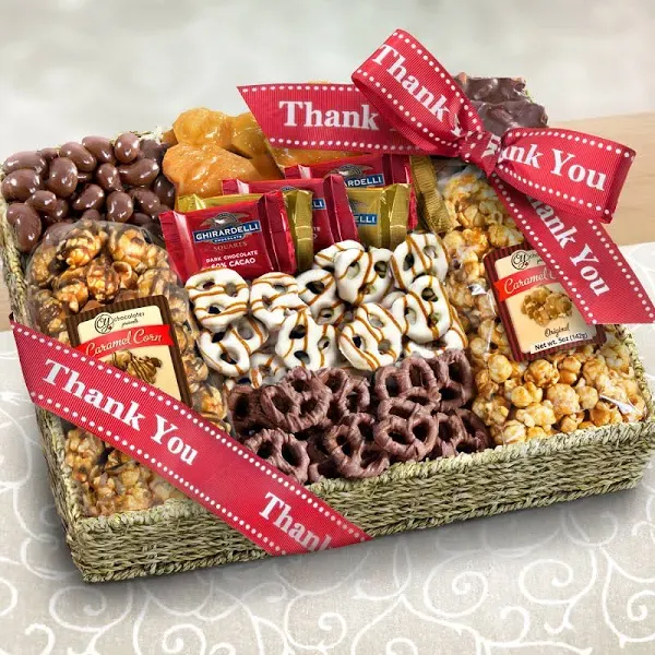 A Gift Inside Birthday Chocolate Caramel and Crunch Grand Gift Basket with Snacks, Pretzels, Ghirardelli and Chocolate-covered Nuts