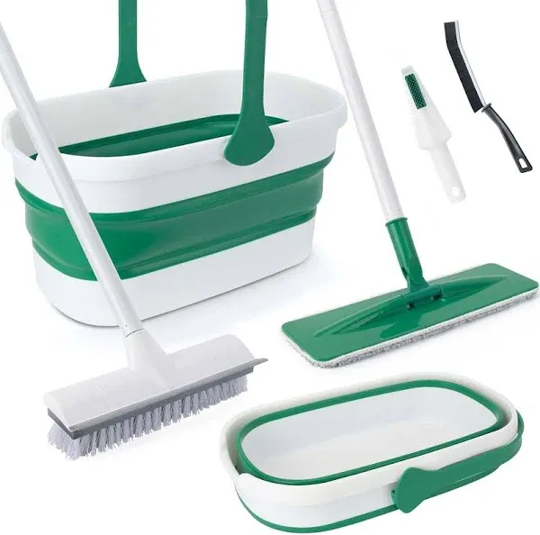 KeFanta Collapsible Bucket with Flat Microfiber Mop and Scrub Brush