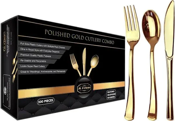 Gold Plastic Silverware Set - 300 Piece Reusable &amp; 300 PC Combo, 