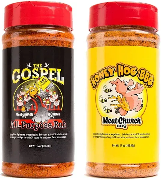 Meat Church BBQ Rub Combo: Honey Hog (14 oz) and The Gospel (14 oz) BBQ Rub and Seasoning for Meat and Vegetables, Gluten Free, One Bottle of Each