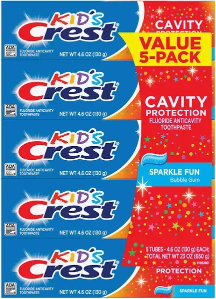 Crest Kid&#039;s Toothpaste, Sparkle Fun Bubble Gum (4.6 oz, 5 pack)