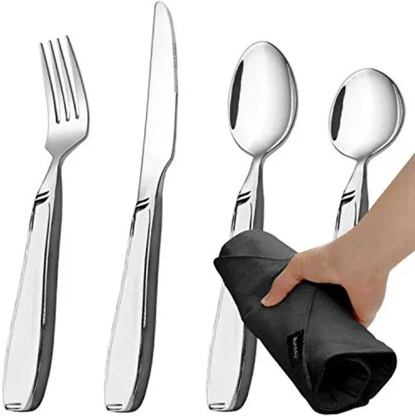 BUNMO Utensils for Elderly, Arthritis, Weak Hand Grip & Handicapped - Convenient Travel Pouch - for Tremors and Parkinsons Patients - Stainless Steel - Eat Independently - Weighted 4 Piece Set