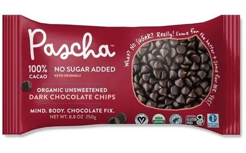 Pascha 100% Cacao No Sugar Added Organic Unsweetened Dark Chocolate Chips - Case of 6/8.8 oz