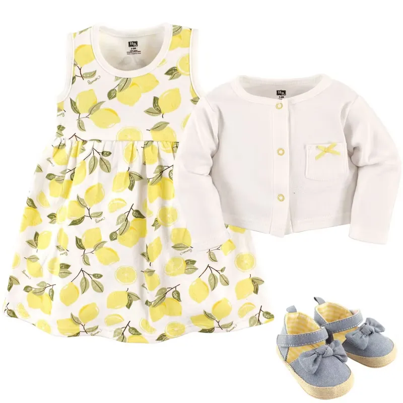 Hudson Baby Infant and Toddler Girl Cotton Dress and Cardigan 2pc Set, Lemon, 3-6 Months