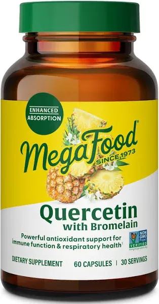 MegaFood Quercetin with Bromelain - Respiratory & Seasonal Immune Support Supplement - Quercetin 500mg Capsules & Enhanced Absorption with Bromelain - Vegan, Gluten-Free - 60 Capsules, 30 Servings