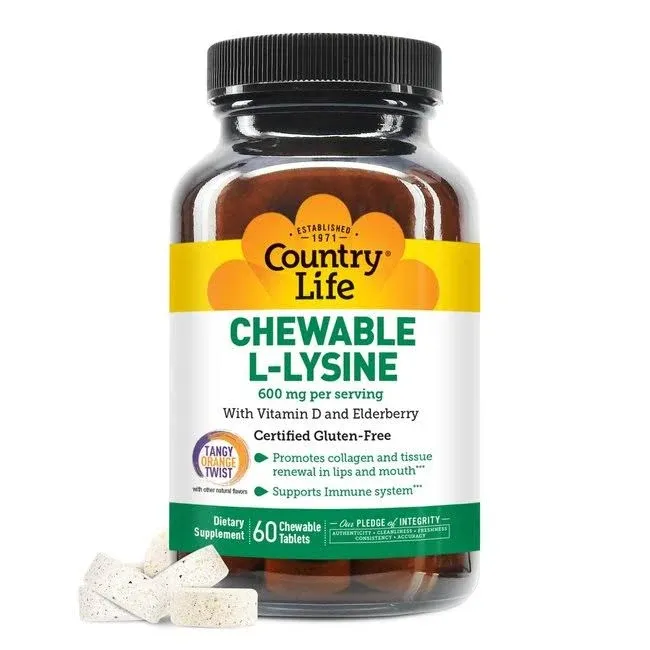 Country Life, Chewable L-Lysine with Vitamin D And Elderberry, 300 mg, 60