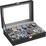 SONGMICS 12 Slots Watch Box with Glass Lid, Black + Gray