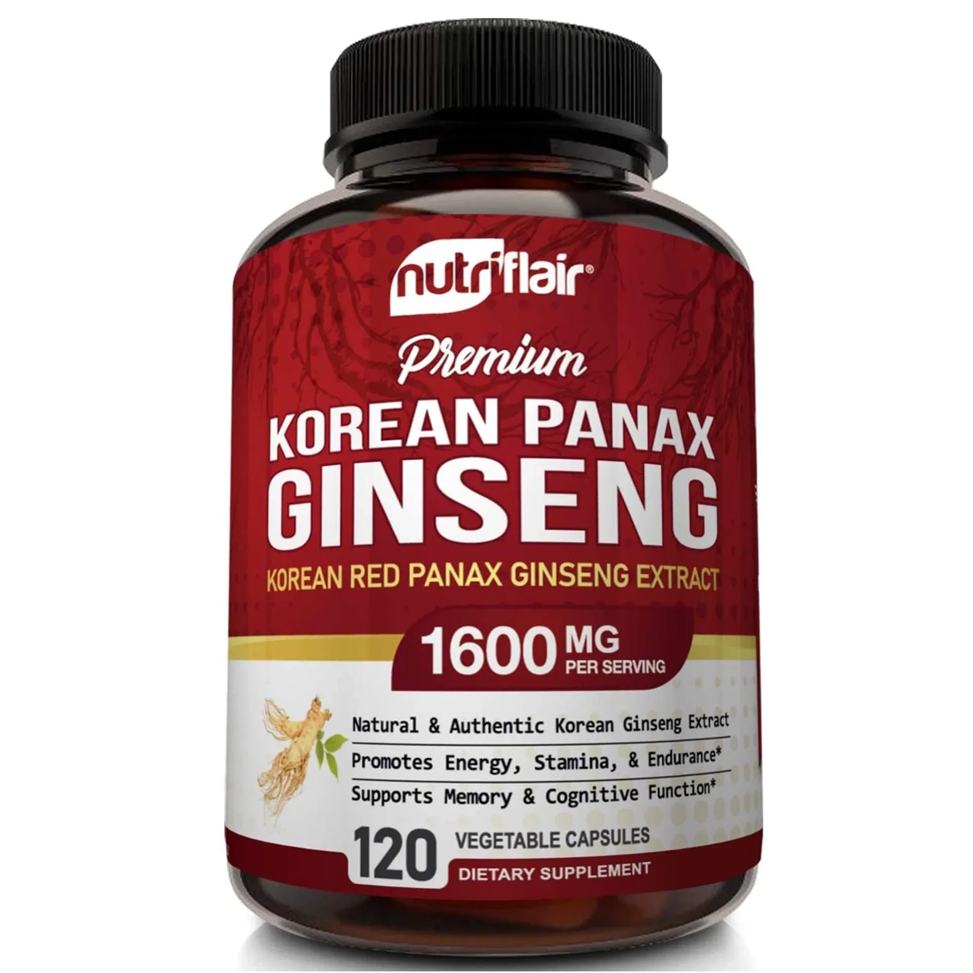 NutriFlair Korean Red Panax Ginseng 1600mg - 120 Vegan Capsules - High Strength