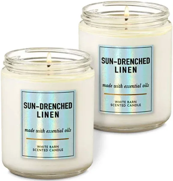 Bath & Body Works White Barn Sun Drenched Linen Single Wick Scented Candle with Essential Oils 7 oz / 198 g each Pack of 2