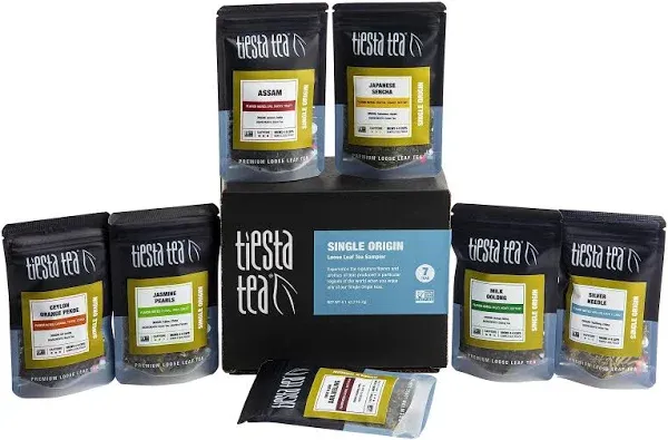 Tiesta Tea Single Origin Tea Sampler Set, Up to 56 Cups, Low to High Caffeine, Hot & Iced Tea, Loose Leaf Tea Variety Pack with Green, White, Black & Oolong Tea, 7 Sample Pouches