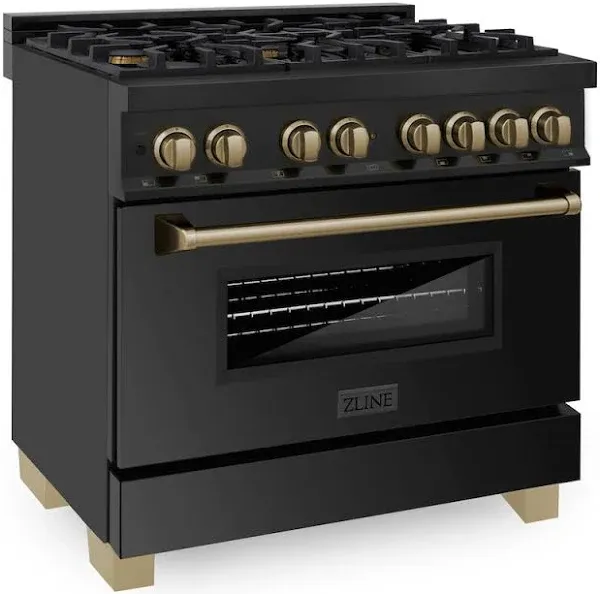 ZLINE Autograph Edition 36" 4.6 Cu. ft. Dual Fuel Range in Black Stainless Steel with Champagne Bronze Accents