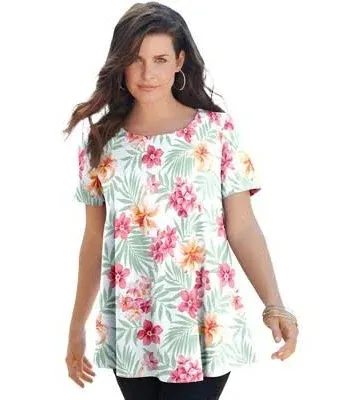 Roaman's Women's Plus Size Swing Ultimate Tee with Keyhole Back