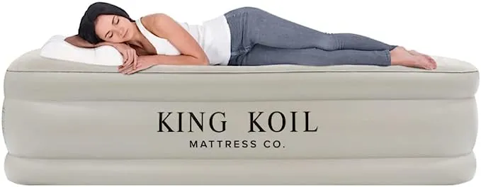 King Koil Luxury Queen Air Mattress with Built-in Pump for Home, Camping & Guests - Queen Size Inflatable Airbed Luxury Double High Adjustable Blow