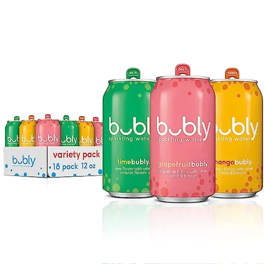 Bubly Sparkling Water, Tropical Thrill Variety Pack, 12 fl oz Cans (18 Pack)