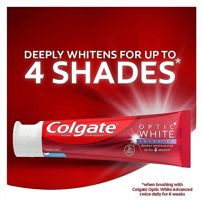 Colgate Optic White Advanced Teeth Whitening Toothpaste, 2% Hydrogen Peroxide Toothpaste, Icy Fresh, 3.2 Oz, 3 Pack