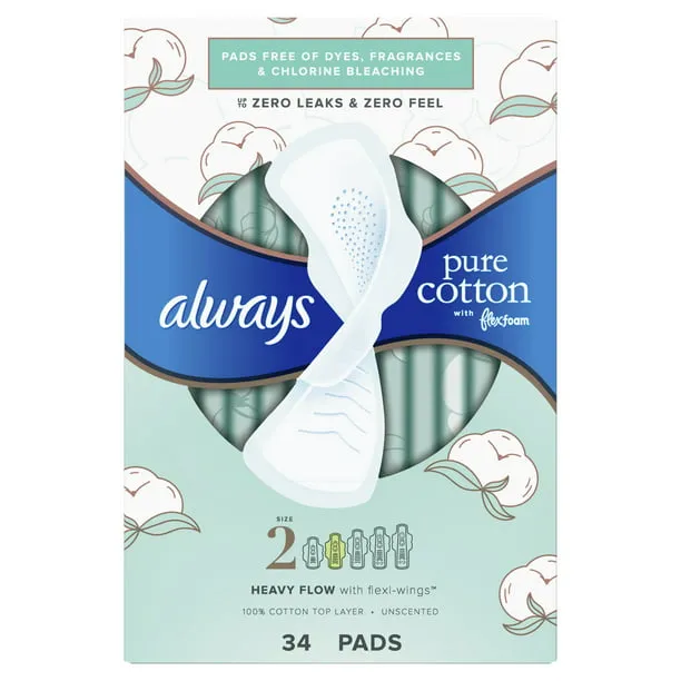 Always Pure Cotton Feminine Pads for Women, Size 2, Heavy Flow, with wings, unscented, 34 Count