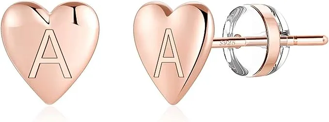 Heart Initial Stud Earrings for Girls, S925 Sterling Silver Post Rose Gold Plated Dainty Girls Earrings Hypoallergenic Letter A Initial Earrings for Women Girls Earrings Earrings