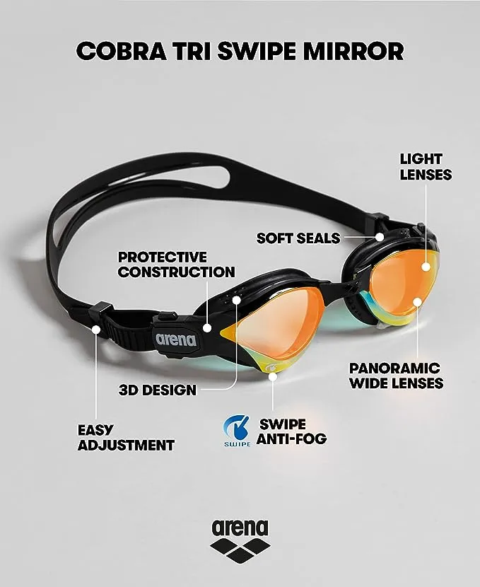 ARENA Unisex Adult Cobra Tri Swipe Swim Goggles Triathlon and Fitness Swimming Anti-Fog Technology Wide Vision Mirror Lens