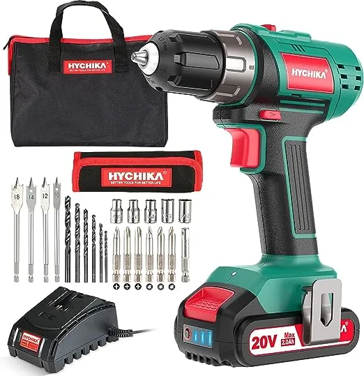 Cordless Hammer Drill Driver 18V, HYCHIKA 400 In-lbs Torque Power Drill with Auxiliary Handle, 1/2” Metal Chuck, 2.0Ah Battery, 1H Fast Charger, 21+3 Clutch, LED Light for Drilling Wood Metal Wall