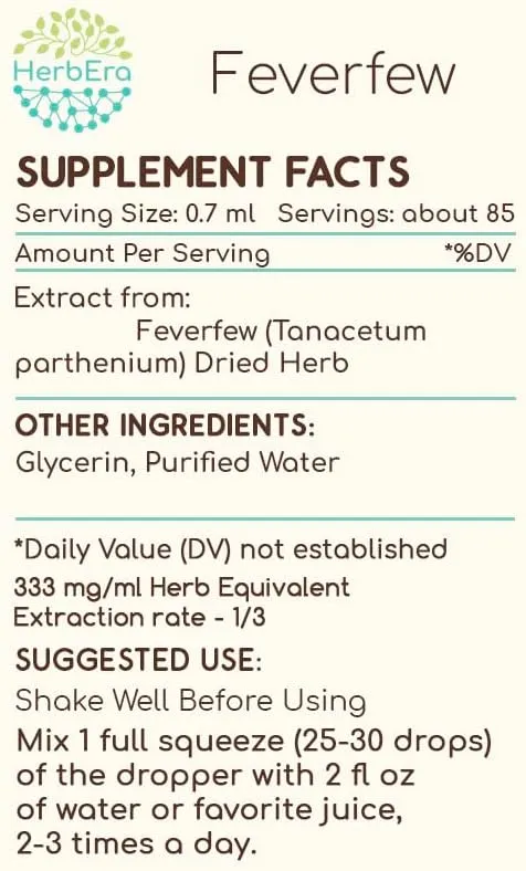 Feverfew B60 Alcohol-Free Herbal Extract Tincture, Concentrated Liquid Drops Natural Feverfew (Tanacetum parthenium) (2 fl oz)