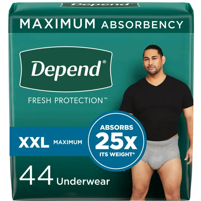 Sous-vêtements d'incontinence pour adultes Depend Fresh Protection pour hommes, jetables, taille maximale, très grand, gris, 44 unités (2 paquets de 22), l'emballage peut varier