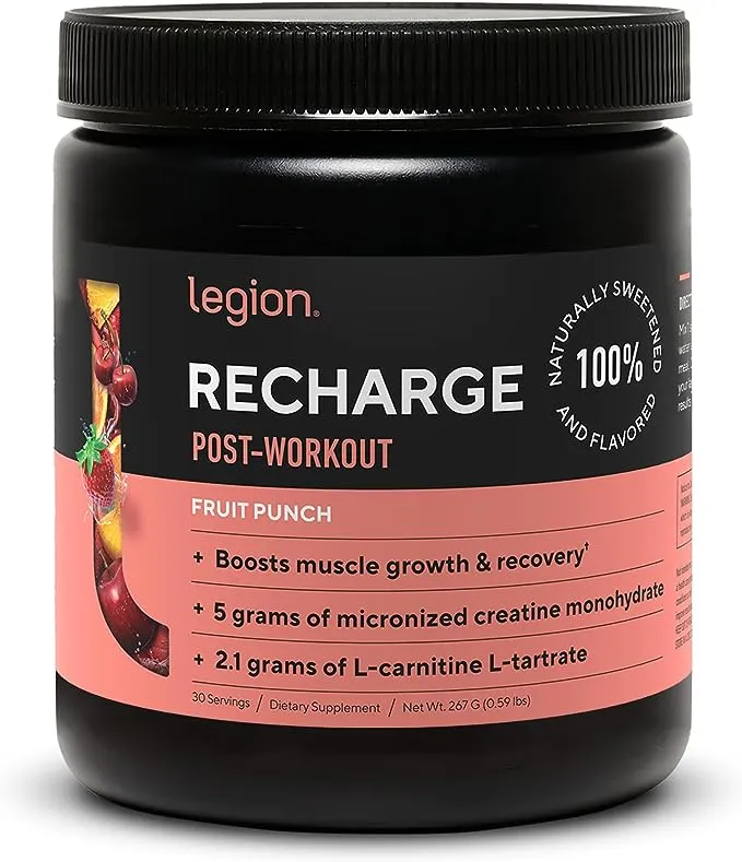 Legion Recharge Post Workout Supplement - All Natural Muscle Builder & Recovery Drink with Micronized Creatine Monohydrate. Fruit Punch, 30 Servings,