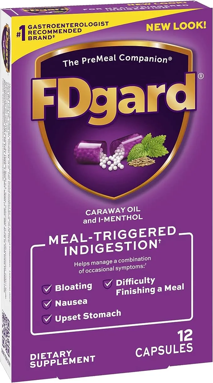 FDgard Gut Health Supplement, Indigestion, Nausea & Bloating, Upset Stomach, 12 Capsules (Packaging May Vary)